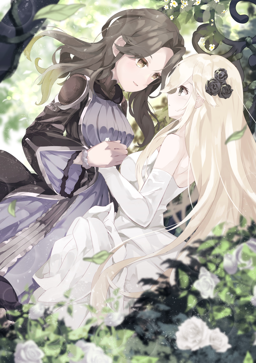 absurdres, arm_warmers, aromage_marjoram, bare_shoulders, black_eyes, black_flower, black_rose, black_shirt, blonde_hair, blurry, blurry_background, blurry_foreground, brown_eyes, brown_hair, bush, dappled_sunlight, dress, duel_monster, facing_another, flower, garden_rose_maiden, highres, holding_hands, leaf, light_particles, long_hair, looking_at_another, lying, on_ground, on_side, outdoors, plant, purple_dress, purple_trim, rose, shirt, sunlight, vines, white_arm_warmers, white_dress, white_flower, white_rose, winegrapeivy, yu-gi-oh!