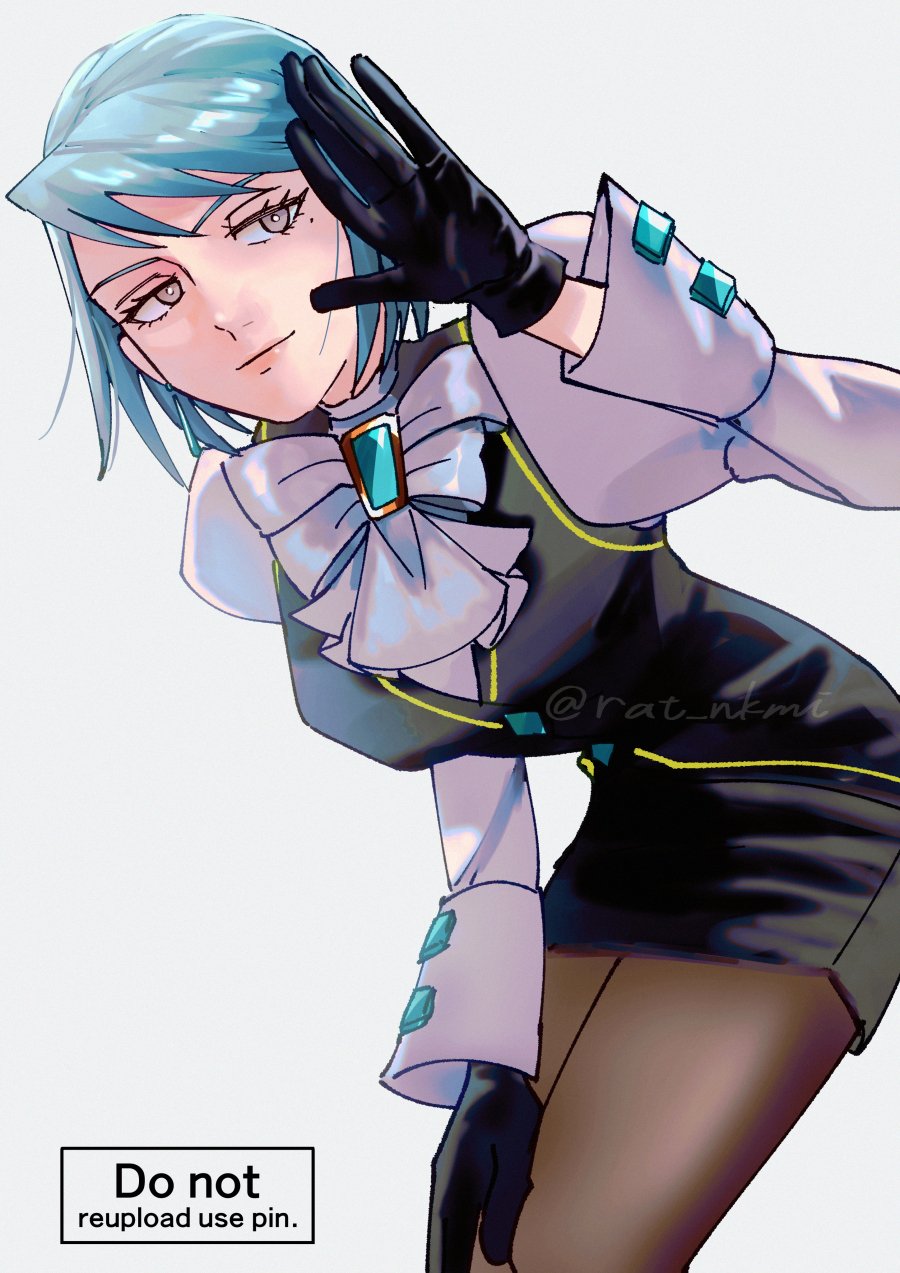 1girl, ace_attorney, ascot, black_gloves, black_skirt, blue_gem, blue_hair, closed_mouth