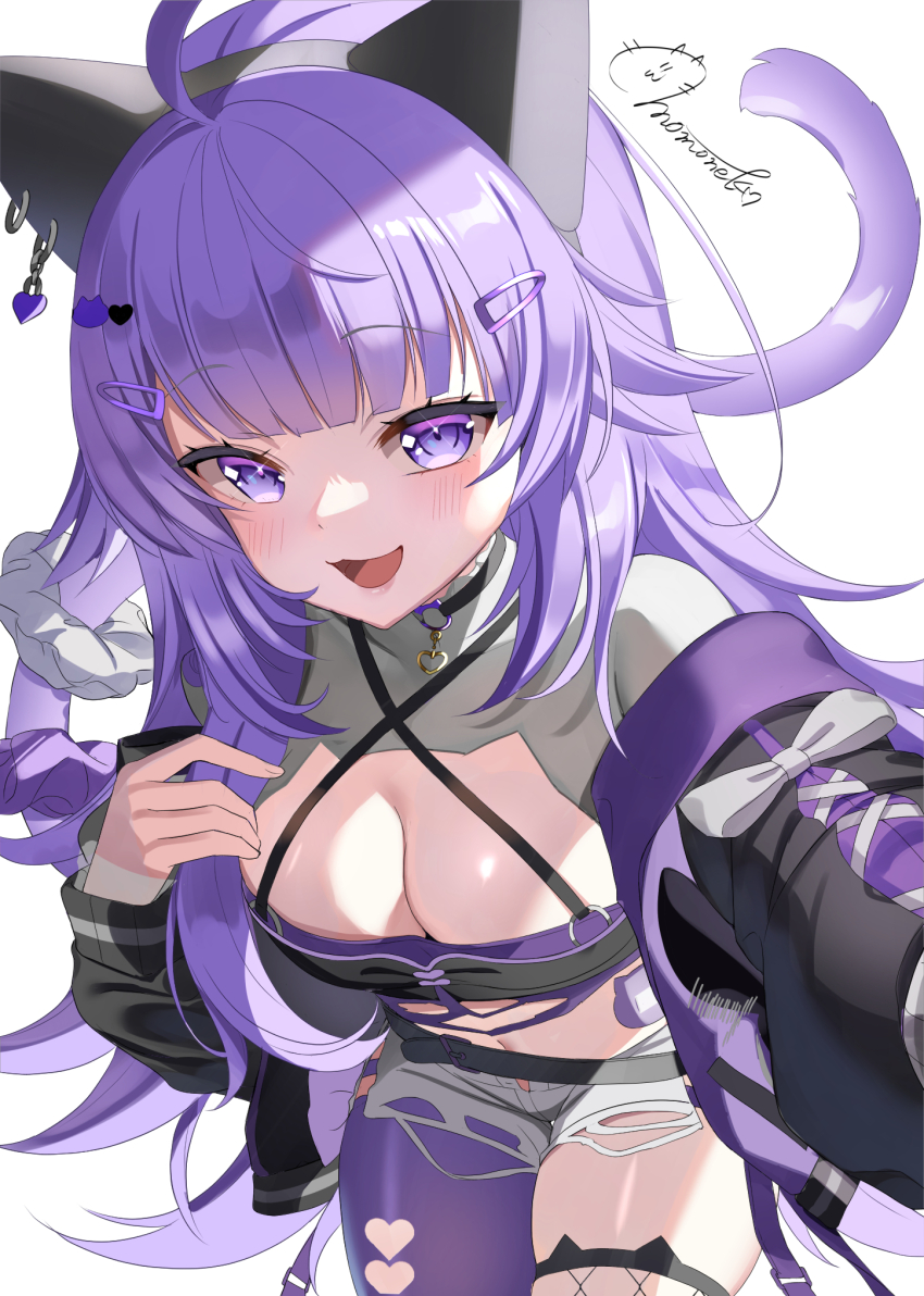 1girl, ahoge, alternate_hair_length_(longer), animal_ear_headband, animal_ears, asymmetrical_legwear, black_jacket, black_shirt