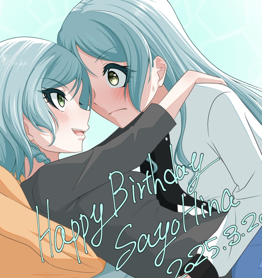 2girls, bang_dream!, bang_dream!_girls_band_party!, black_shirt, blue_background, blue_hair, blush, closed_mouth