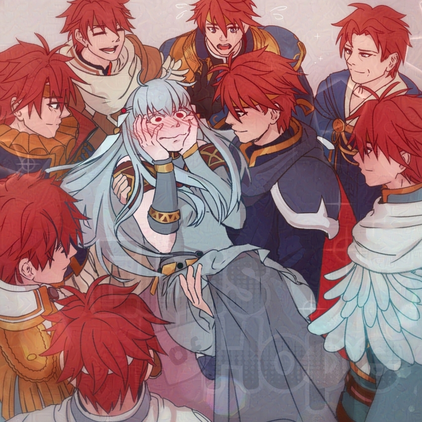 1girl, 6+boys, alternate_form, armlet, blue_dress, blush, bracelet, cape