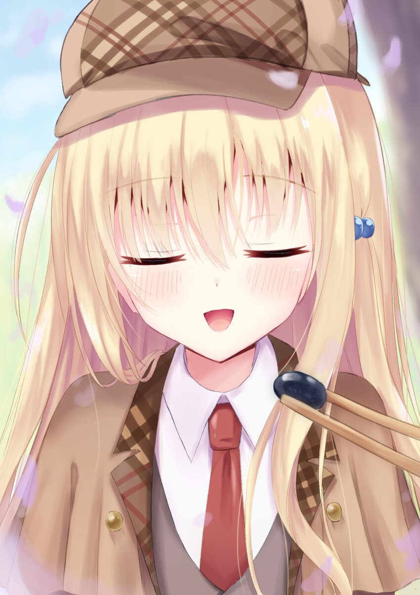 1girl, :d, absurdres, blonde_hair, blush, brown_hat, brown_jacket, buttons