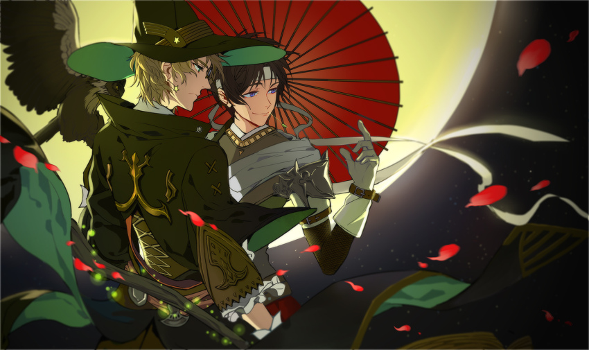 2boys, animal, animal_on_shoulder, armor, bandages, bird, bird_on_shoulder, black_gloves