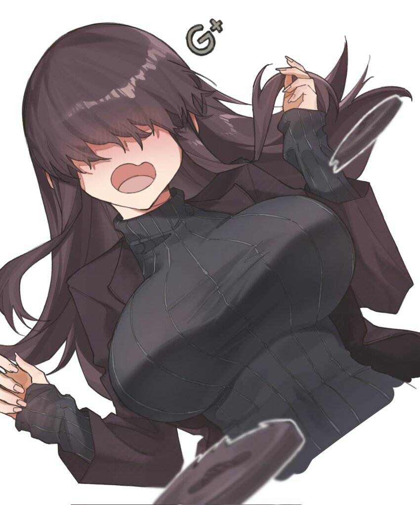 1girl, black_hair, black_jacket, black_sweater, breasts, bursting_breasts, commentary, covered_eyes