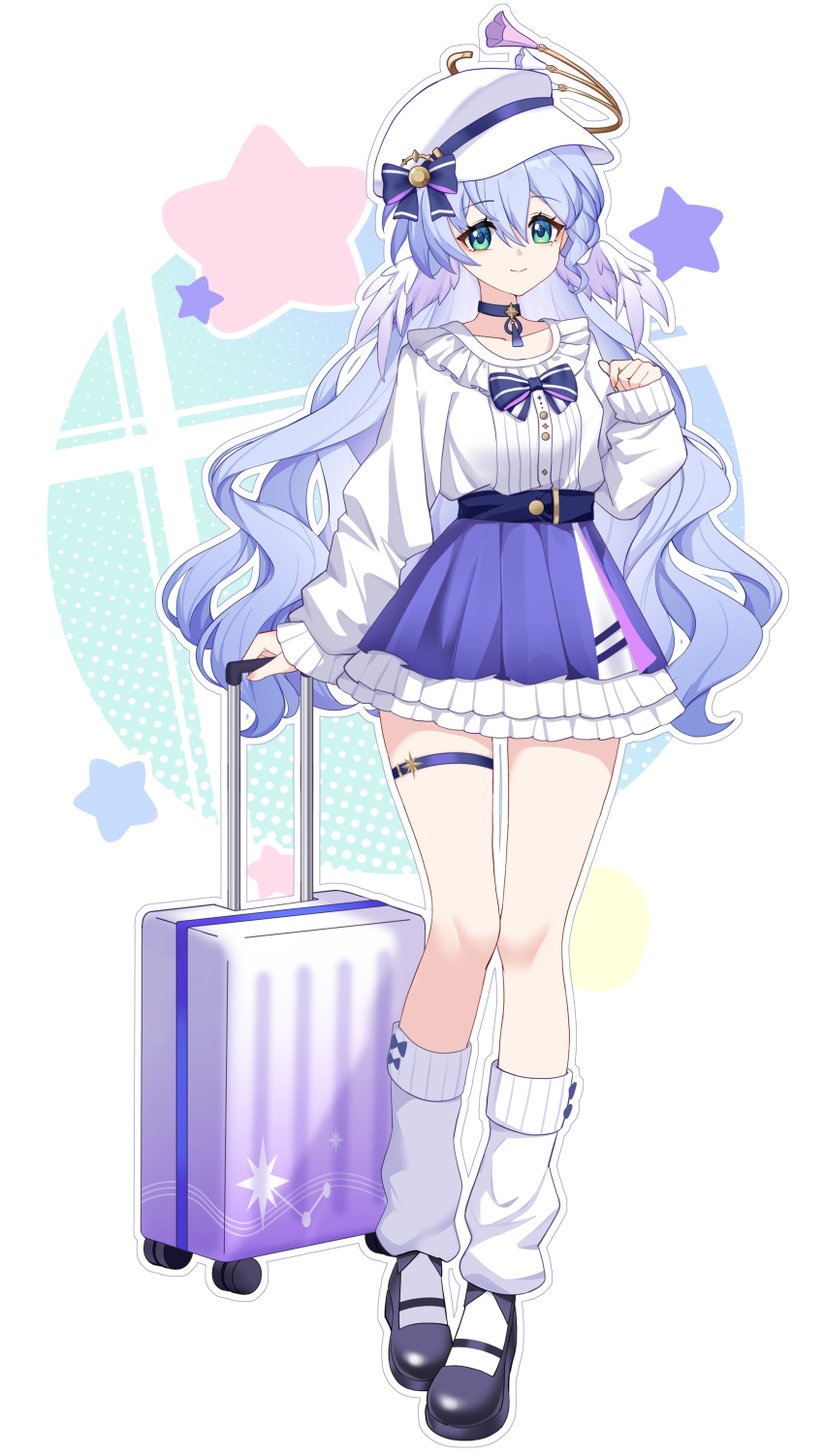 1girl, absurdres, alternate_costume, black_shoes, blue_hair, casual, choker, closed_mouth