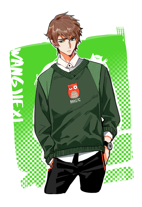 1boy, animal_print, black_pants, brown_hair, character_name, collared_shirt, cropped_legs, green_eyes