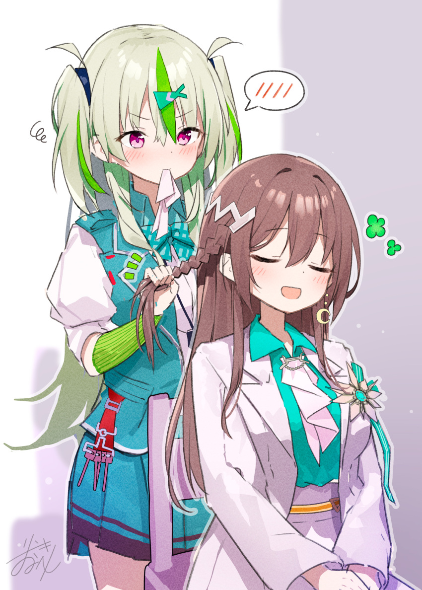 2girls, absurdres, braiding_hair, breasts, brown_hair, closed_eyes, crescent, crescent_earrings