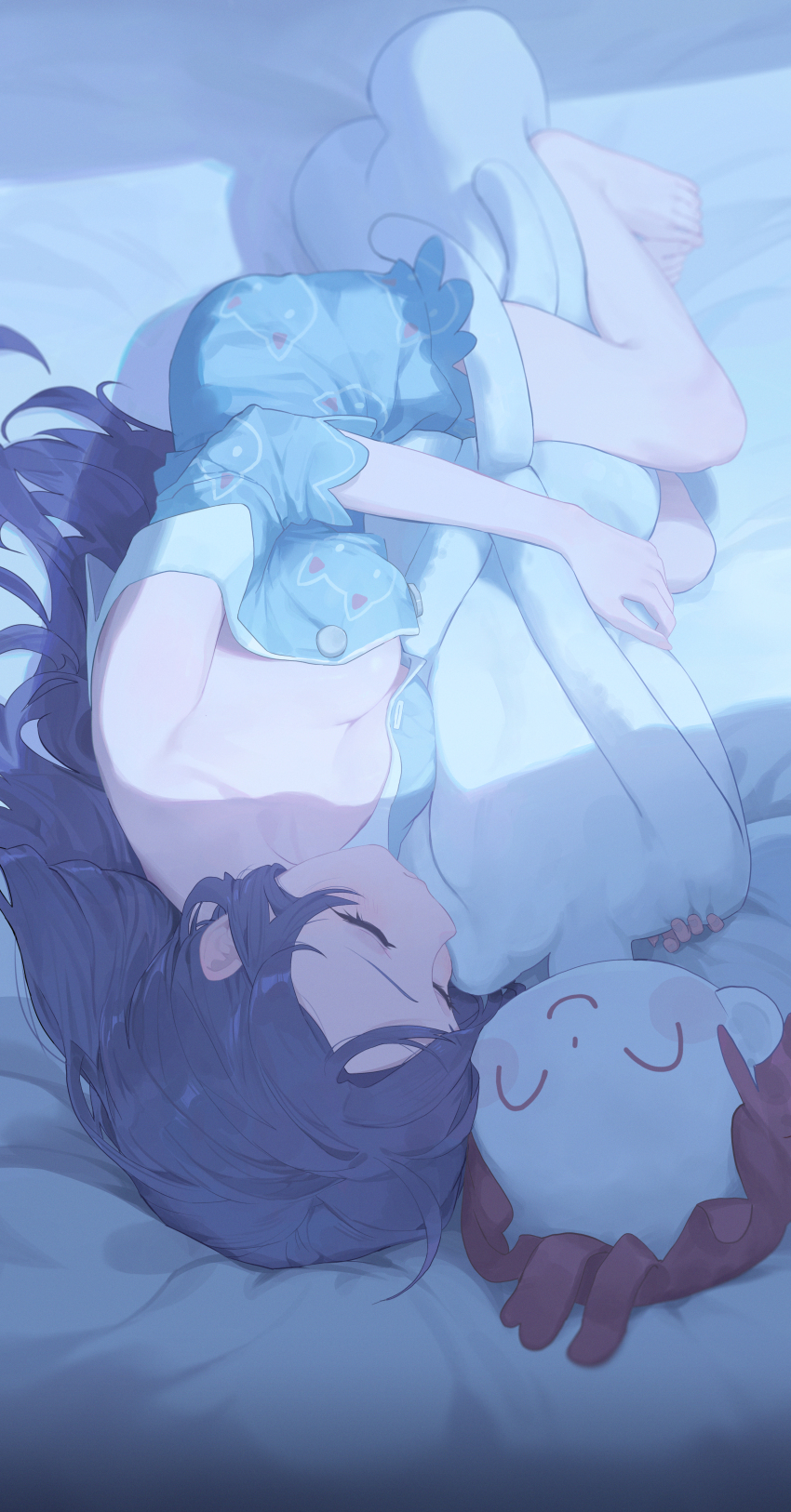 absurdres, animal_print, aqua_pajamas, black_halo, blue_archive, breasts, cat_print, doodle_sensei_(blue_archive), halo, highres, ka_mi_qian, official_alternate_costume, pajamas, print_pajamas, purple_eyes, purple_hair, sensei_(blue_archive), sleepwear, solo, yuuka_(blue_archive), yuuka_(pajamas)_(blue_archive)