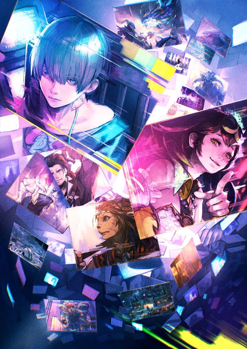 2boys, 3girls, adventurer_(ff14), blue_eyes, blue_hair, brute_abombinator, dancing_green, eheeya_(ff14), evil_smile, final_fantasy, final_fantasy_xiv, hector_(ff14), highres, holographic_interface, hrothgar, index_finger_raised, looking_at_viewer, mogi_yuusuke, multiple_boys, multiple_girls, official_art, promotional_art, short_hair, smile, sphene_(ff14), sugar_riot, warrior_of_light_(ff14), wuk_lamat, yellow_eyes