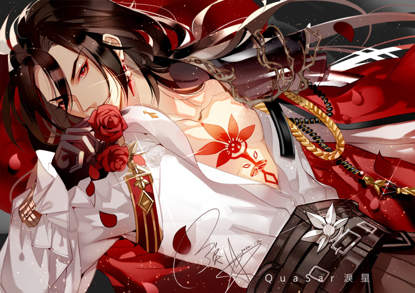 1boy, aiguillette, armor, belt, black_belt, black_gloves, black_hair, black_pants, cape, chest_tattoo, curtained_hair, earrings, falling_petals, flower, frilled_sleeves, frills, gloves, hair_between_eyes, hand_up, holding, holding_flower, hyosung, jewelry, lianhua_blood_duck_(the_tale_of_food), light_particles, long_hair, long_sleeves, looking_at_viewer, low_ponytail, lying, male_focus, medal, official_alternate_costume, on_back, open_clothes, open_shirt, pants, parted_lips, pauldrons, petals, ponytail, red_cape, red_eyes, red_flower, red_rose, rose, rose_petals, shirt, shoulder_armor, side_cape, sideways_glance, signature, single_pauldron, smile, solo, tattoo, the_tale_of_food, upper_body, v-shaped_eyebrows, white_shirt