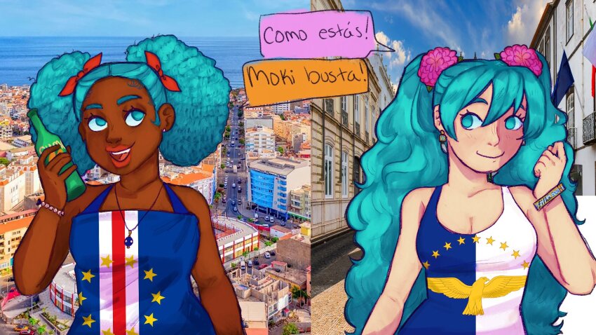 2girls, azores, blue_dress, cape_verde, dark_skin, dress, funnycontrol, hatsune_miku, highres, multiple_girls, portuguese_text