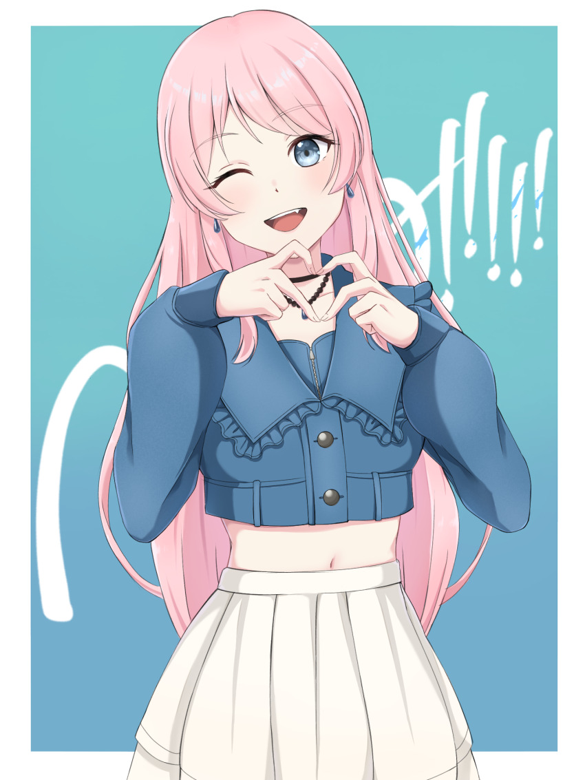 1girl, four-finger_heart_hands, bang_dream!, bang_dream!_it's_mygo!!!!!, black_choker, blue_background, blue_jacket, border