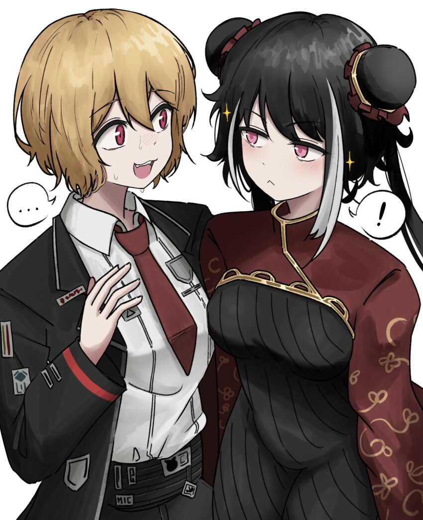 !, ..., 2girls, :<, :d, black_coat, black_dress, black_hair