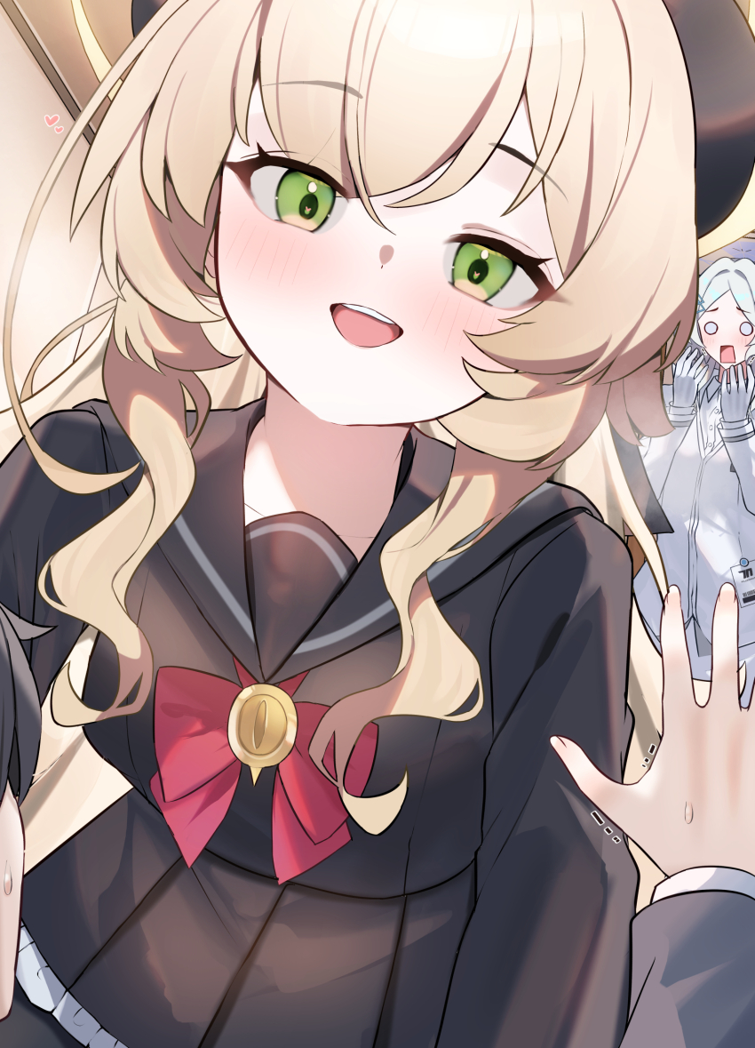 1girl, black_sailor_collar, black_serafuku, blonde_hair, blue_archive, blush, bow, bowtie