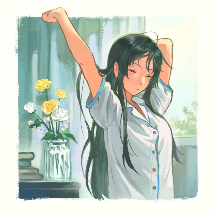 1girl, akiyama_mio, arms_up, black_hair, book, book_stack, bottle, buttons