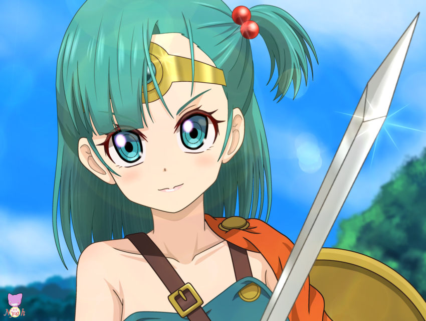 absurdres, aqua_eyes, aqua_gem, aqua_hair, blue_sky, blunt_bangs, blurry, blurry_background, bulma, circlet, commentary_request, cosplay, creator_connection, crossover, day, depth_of_field, dragon_ball, dragon_ball_(classic), dragon_quest, dragon_quest_iv, dragon_quest_walk, gem, gold_circlet, heroine_(dq4), heroine_(dq4)_(cosplay), highres, holding, holding_shield, holding_sword, holding_weapon, looking_at_viewer, nyahoekaki1, one-shoulder_tunic, outdoors, shield, side_ponytail, sky, smile, sword, weapon