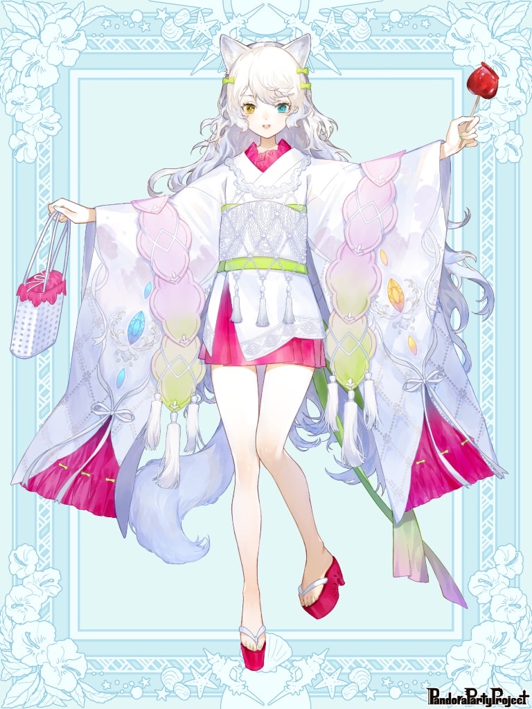 1girl, :d, animal_ears, bag, blue_background, blue_eyes, bow, candy_apple, cat_ears, cat_girl, cat_tail, copyright_name, food, full_body, green_bow, hair_between_eyes, hair_bow, handbag, heterochromia, holding, holding_bag, holding_candy_apple, holding_food, japanese_clothes, kao_o0, kimono, kimono_skirt, knees_together_feet_apart, looking_at_viewer, miniskirt, obi, okobo, open_mouth, outstretched_arms, pandora_party_project, pink_skirt, platform_clogs, platform_sandals, sandals, sash, short_kimono, skirt, smile, solo, spread_arms, standing, standing_on_one_leg, tail, tassel, wavy_hair, white_hair, white_kimono, wide_sleeves, yellow_eyes