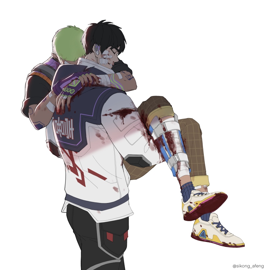 2boys, absurdres, bandages, bandaid, bandaid_on_face, black_hair, blood, blood_on_clothes