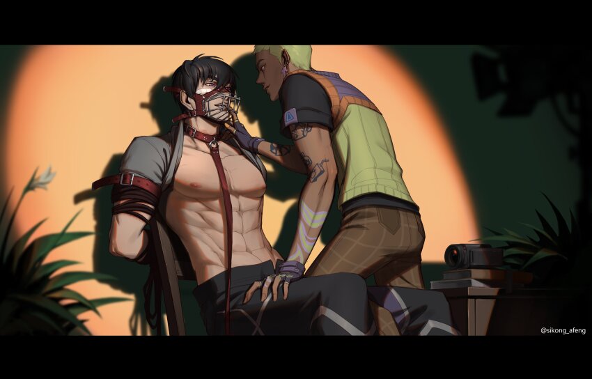 2boys, absurdres, bandaid, bandaid_on_face, bdsm, black_hair, bondage, bound, brown_eyes, camera, chair, clothes_lift, finger_in_another's_mouth, gekko_(valorant), green_hair, highres, iso_(valorant), multiple_boys, muzzle_(mask), on_chair, plant, potted_plant, purple_eyes, shirt_behind_neck, shirt_lift, short_hair, sikong_afeng, tattoo, valorant, yaoi