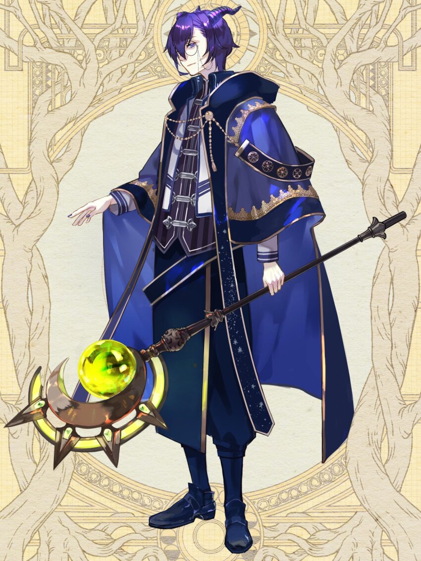 1boy, arm_at_side, black_horns, black_nails, black_pants, black_shoes, black_socks, blue_cloak