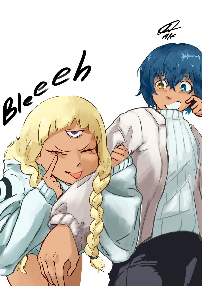 1boy, 1girl, alfdavinchi, alternate_costume, aqua_hoodie, black_pants, blonde_hair, blue_eyes