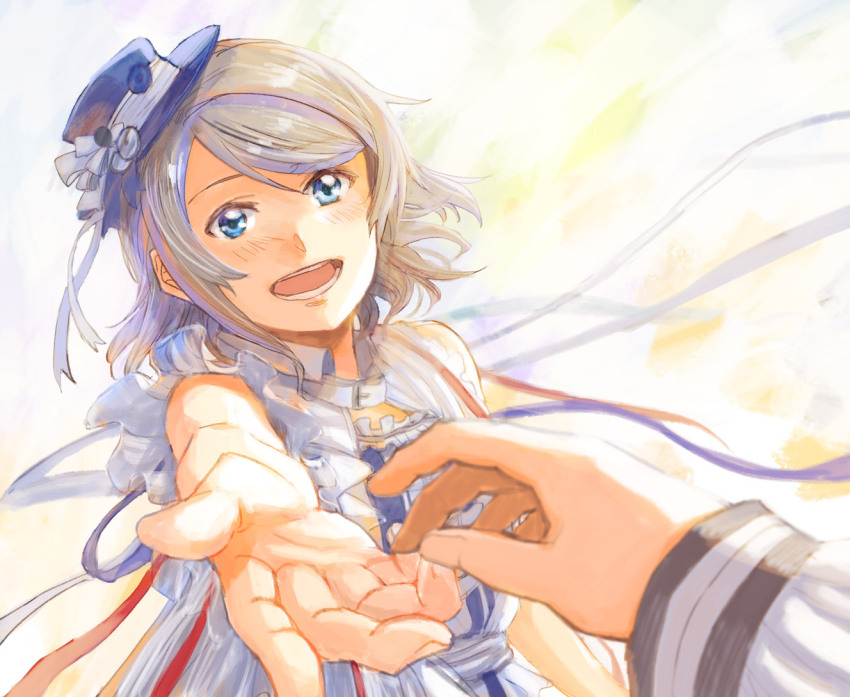 beginners_sailing, blue_eyes, blush, brown_hair, frills, fukutarou_(enji127), grey_hair, hair_ornament, hat, long_sleeves, love_live!, love_live!_sunshine!!, open_mouth, pov, reaching, reaching_towards_viewer, ribbon, school_uniform, short_hair, simple_background, sleeveless, smile, uranohoshi_school_uniform, watanabe_you