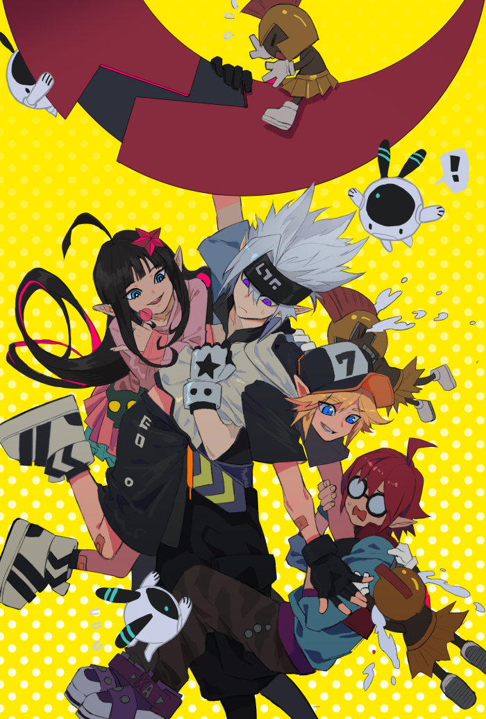 !, 1girl, 3boys, ahoge, aotu_world, bandaid, black_gloves, black_hair