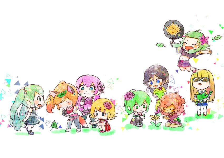 6+girls, aqua_eyes, aqua_hair, avanna, bare_shoulders, black_boots, black_hair, black_pants