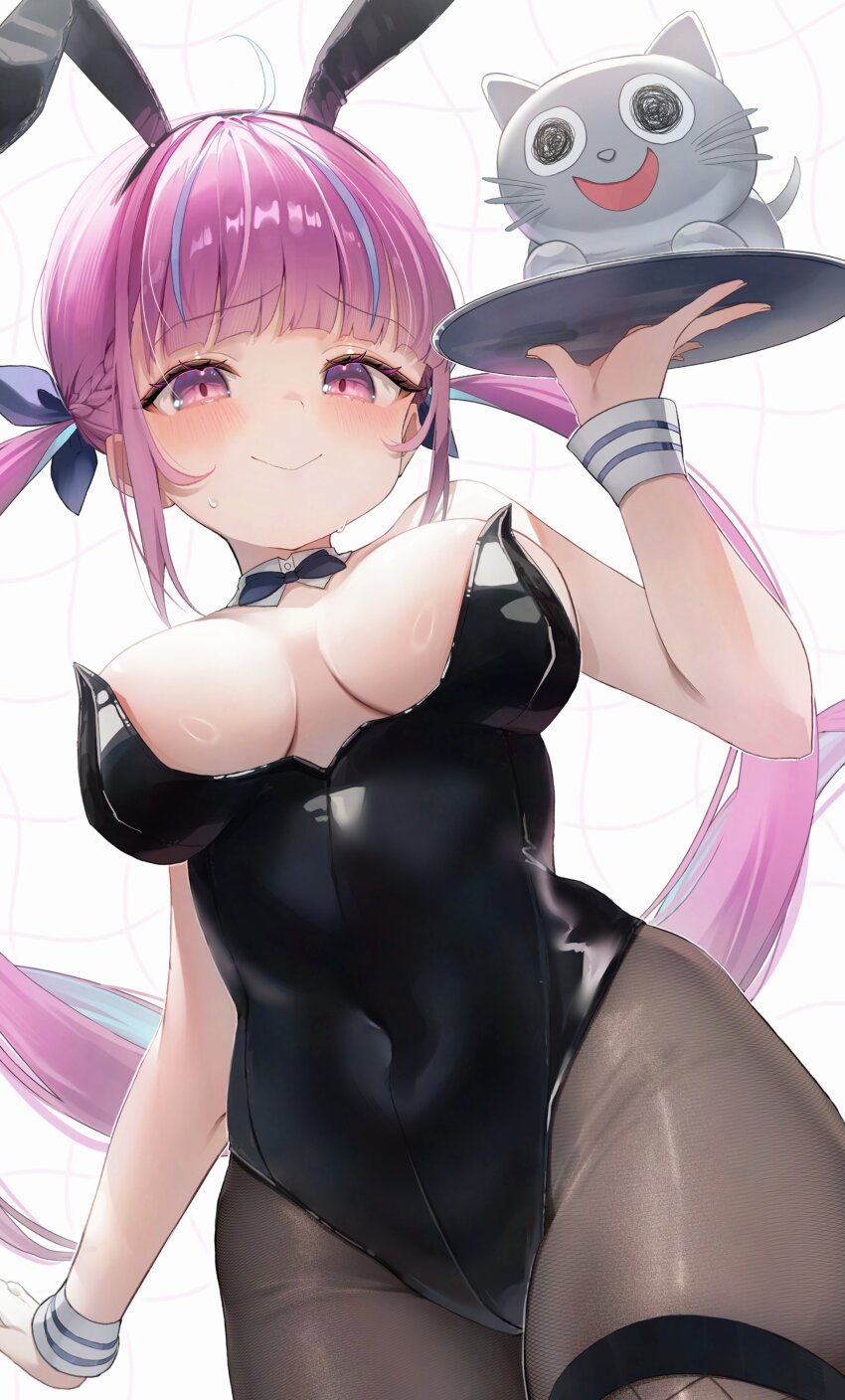 00s1g00, 1girl, absurdres, ahoge, alternate_costume, animal_ears, aqua_hair, bare_shoulders, black_bow, black_bowtie, black_hairband, black_leotard, black_pantyhose, black_thighhighs, blue_ribbon, blush, bow, bowtie, braid, breasts, breasts_apart, closed_mouth, collar, colored_inner_hair, commentary_request, covered_navel, curly_hair, detached_collar, drooling, fingernails, fishnet_thighhighs, fishnets, grid_background, hair_ribbon, hairband, highres, holding, holding_tray, hololive, large_breasts, leotard, long_hair, looking_at_viewer, minato_aqua, multicolored_hair, neko_(minato_aqua), pantyhose, pink_eyes, pink_hair, playboy_bunny, rabbit_ears, ribbon, shiny_clothes, shiny_skin, strapless, strapless_leotard, streaked_hair, sweat, thighhighs, thighhighs_over_pantyhose, thighs, tray, twintails, two-tone_hair, virtual_youtuber, wavy_background, white_background, white_collar, white_wrist_cuffs, wrist_cuffs