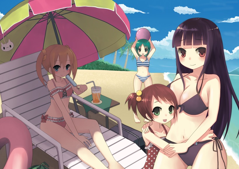 4girls, age_difference, beach, bikini, black_hair, blonde_hair, blue_eyes, blush