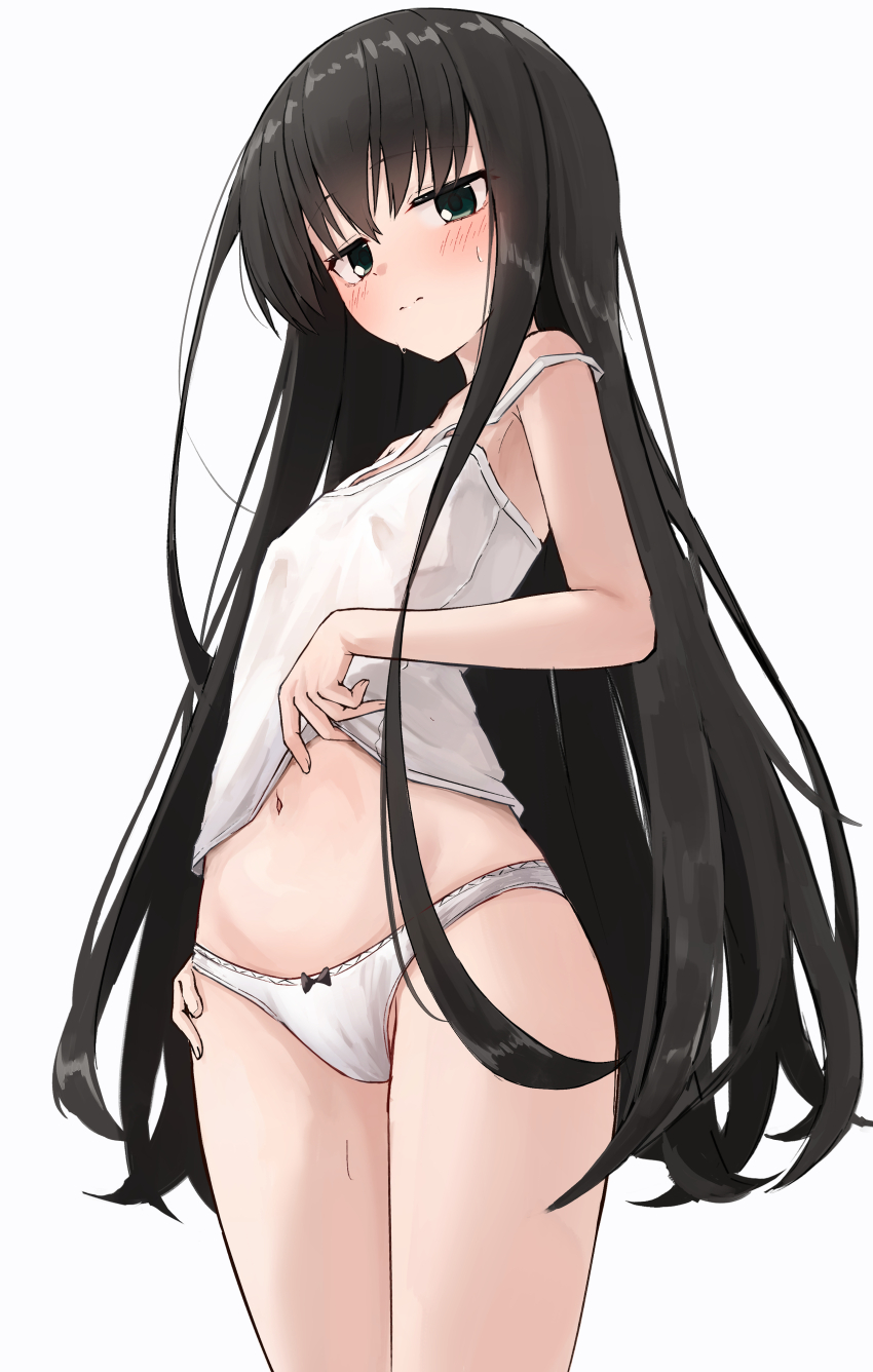 1girl, 3:, absurdres, bare_shoulders, black_bow, black_hair, blush, bow, bow_panties, breasts, camisole, camisole_pull, closed_mouth, clothes_pull, commentary, covered_erect_nipples, cowboy_shot, green_eyes, hair_between_eyes, highres, long_hair, looking_at_viewer, natsume_ai, navel, panties, pulling_own_clothes, sakura_no_toki, sakura_no_uta, shy, sidelocks, simple_background, small_breasts, solo, spaghetti_strap, split_mouth, straight_hair, strap_slip, sweatdrop, takoyaki032002, thighs, underwear, very_long_hair, white_background, white_camisole, white_panties