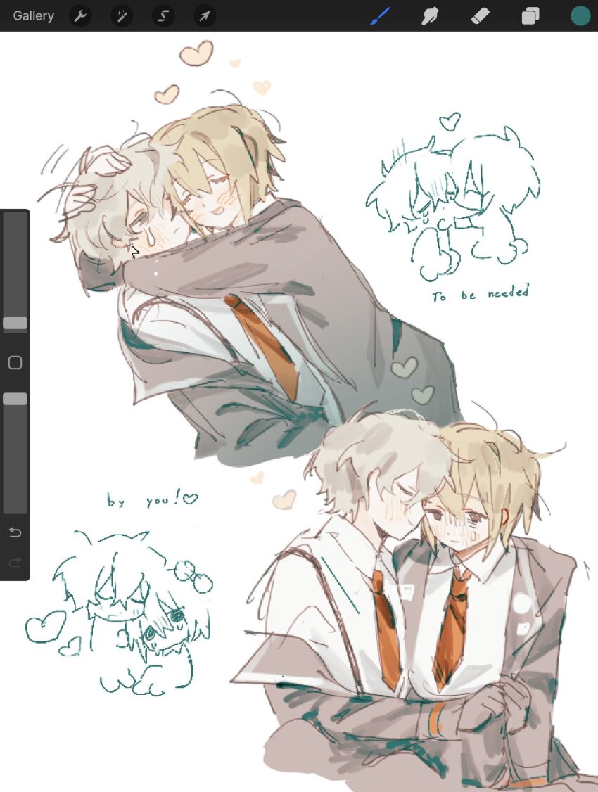 1boy, 1girl, ahoge, akechisu1, black_skirt, blonde_hair, blush, chibi