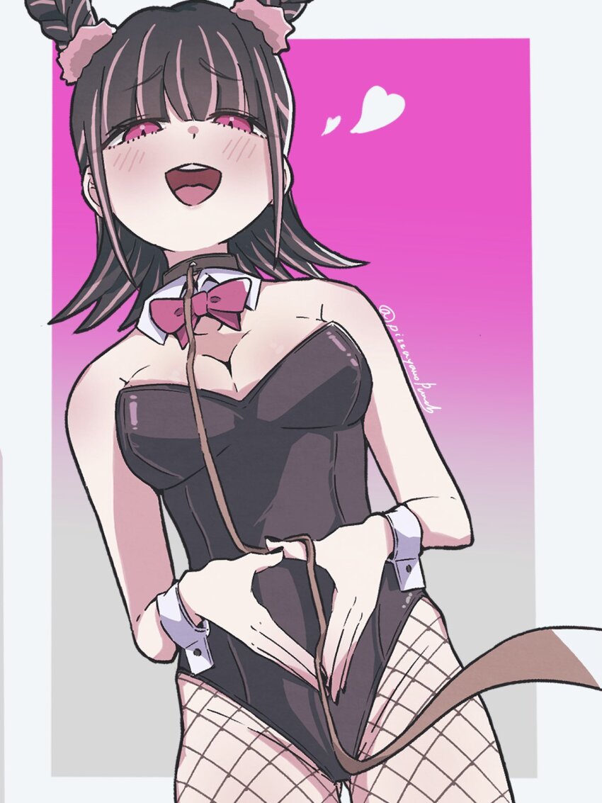 1girl, :d, alternate_costume, artist_name, bare_arms, bare_shoulders, black_hair, black_leotard