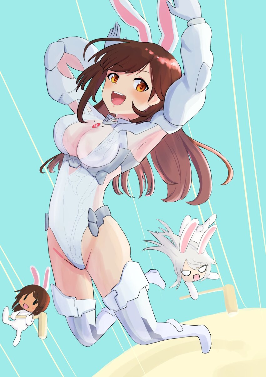 3girls, alice_gear_aegis, animal_ears, breasts, brown_eyes, brown_hair, grey_hair, highres