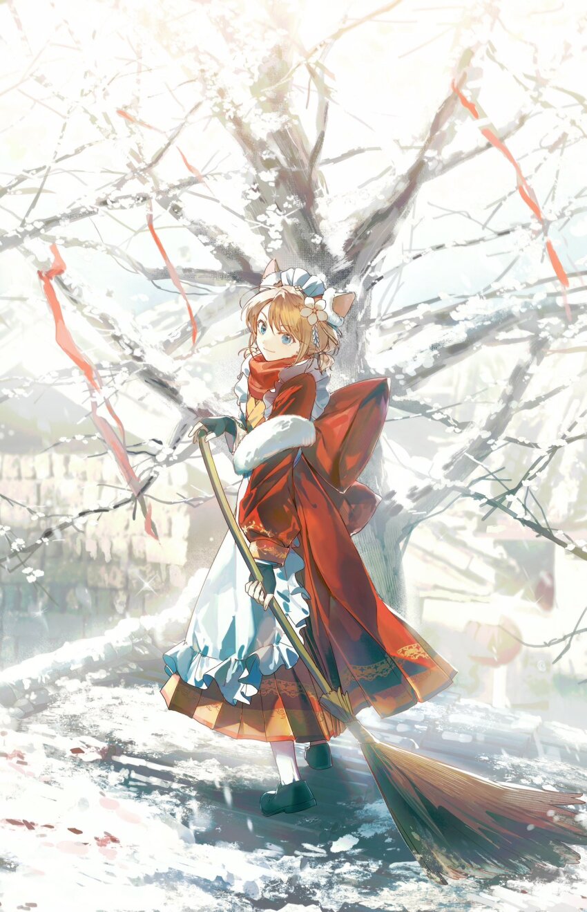 1girl, almond_(almond_platter)_(arknights), almond_(arknights), animal_ears, apron, arknights, bare_tree, black_gloves