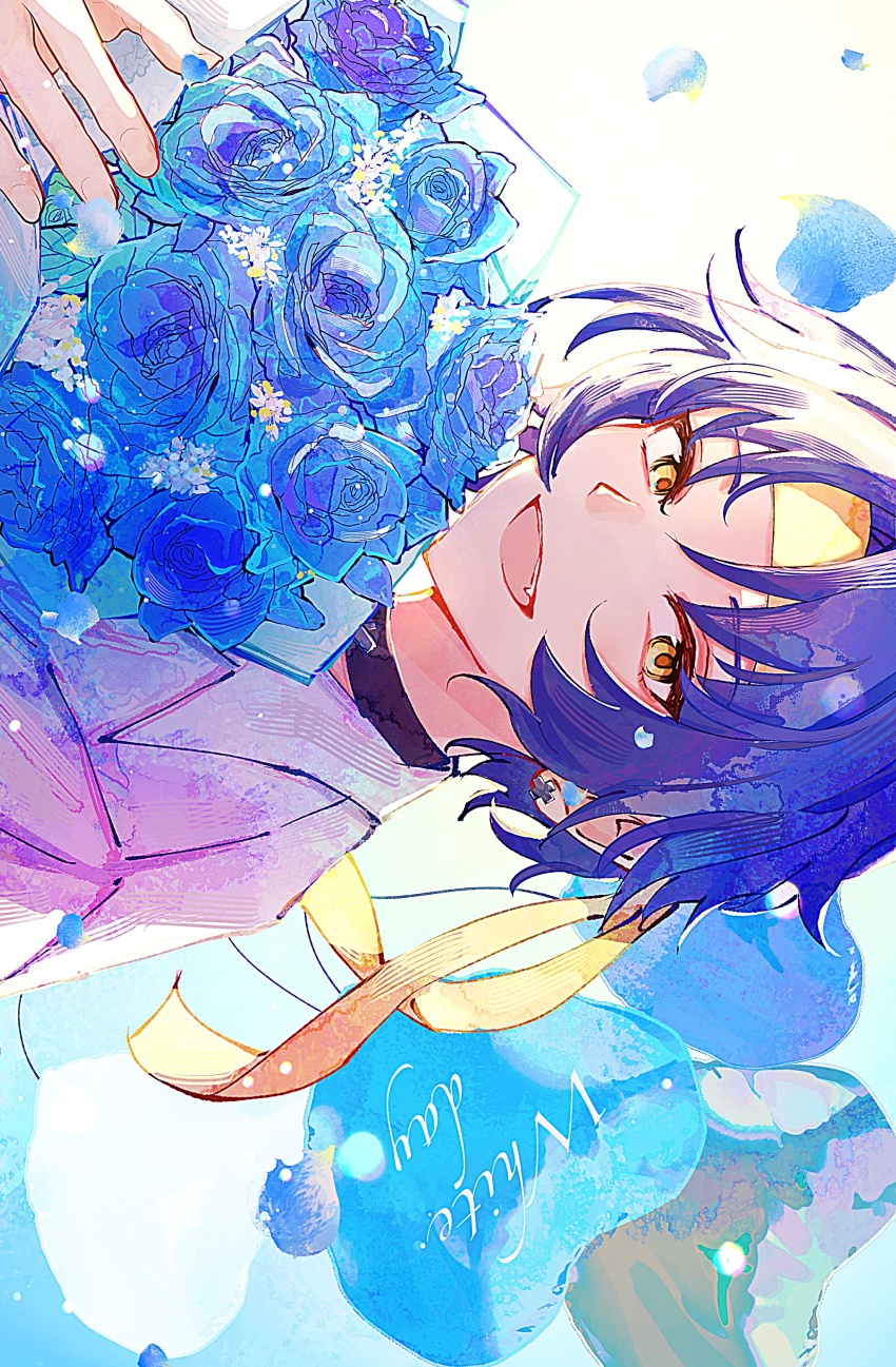 1boy, absurdres, asaba_harumasa, bandana, black_choker, black_hair, blue_flower, blue_rose