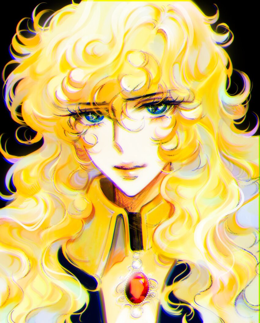 1girl, black_background, blonde_hair, blue_eyes, collared_jacket, commentary, death_mogi, eyelashes