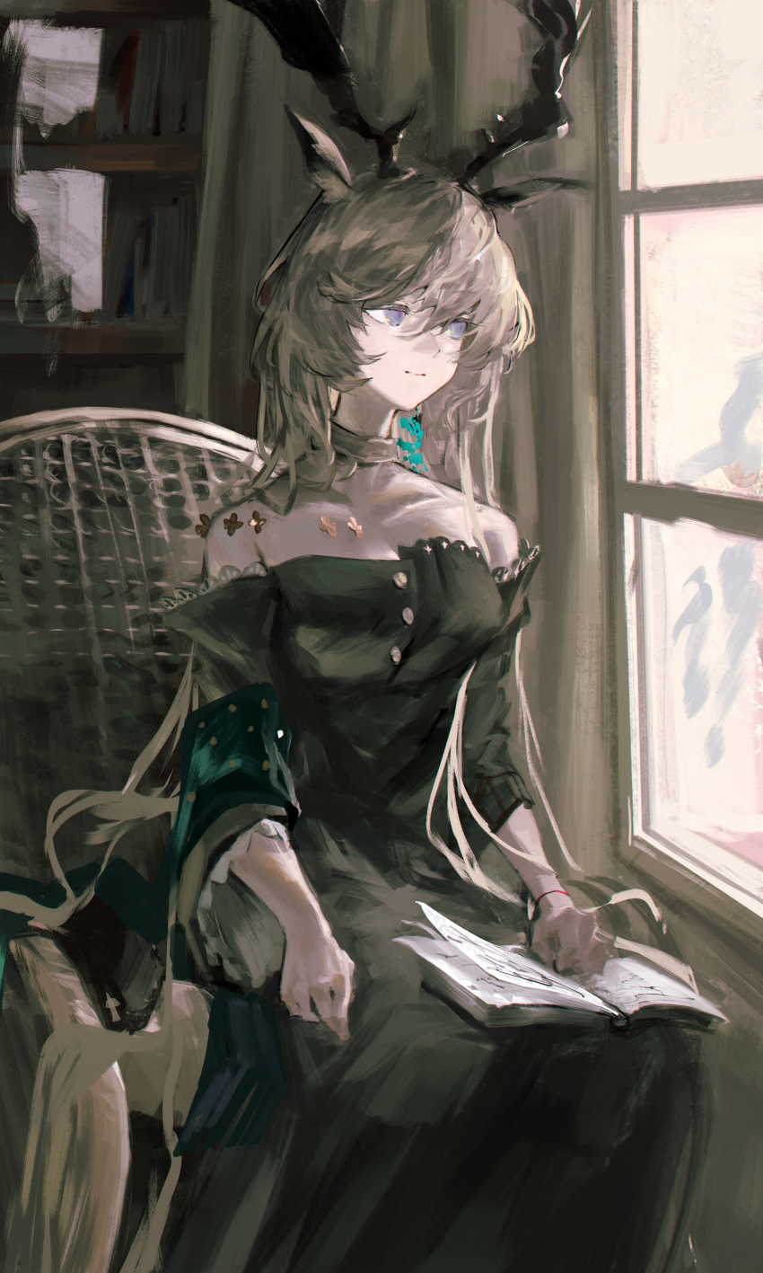 1girl, absurdres, animal_ears, antlers, arknights, bare_shoulders, black_dress, blonde_hair