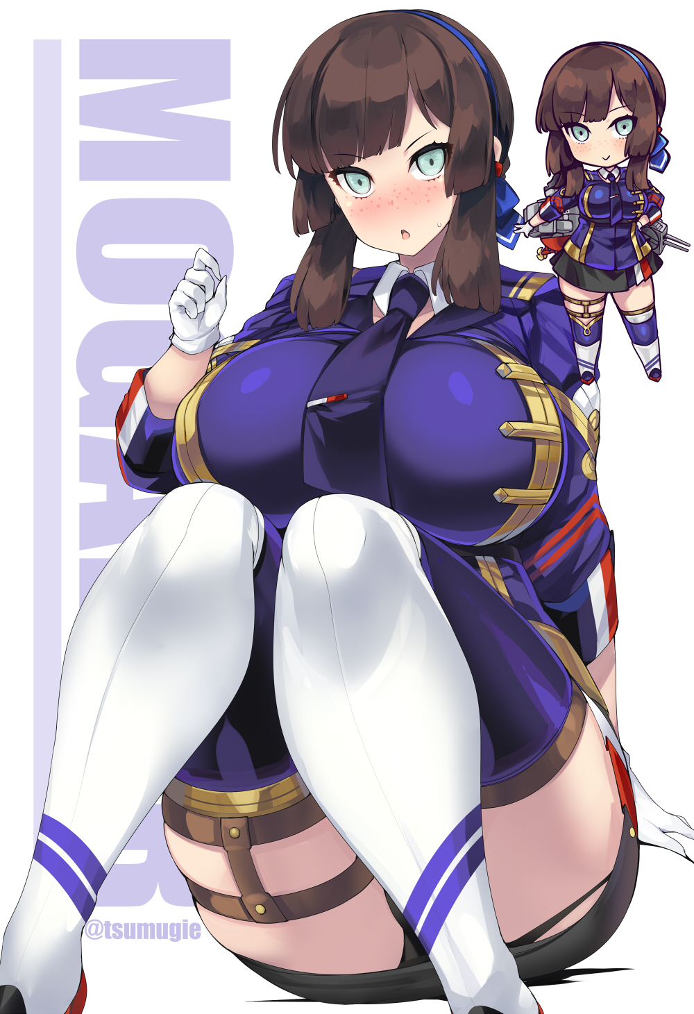 1girl, akikaze_tsumuji, alternate_breast_size, black_gloves, black_hair, black_skirt, blue_hairband, blue_ribbon