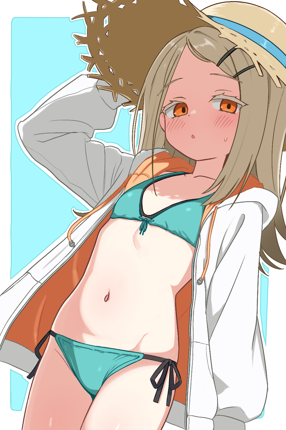 1girl, aqua_bikini, arm_up, bikini, blue_background, blush, border, collarbone, colored_eyelashes, commentary, cowboy_shot, dot_nose, flat_chest, flipped_hair, front-tie_bikini_top, front-tie_top, gakuen_idolmaster, grey_hair, hair_ornament, hairclip, hat, highres, hood, hood_down, hoodie, idolmaster, io9, kimi_to_semi_blue_(idolmaster), long_hair, long_sleeves, looking_at_viewer, navel, orange_eyes, outside_border, parted_lips, shinosawa_hiro, side-tie_bikini_bottom, simple_background, solo, straw_hat, sweatdrop, swimsuit, two-sided_hoodie, white_border, white_hoodie