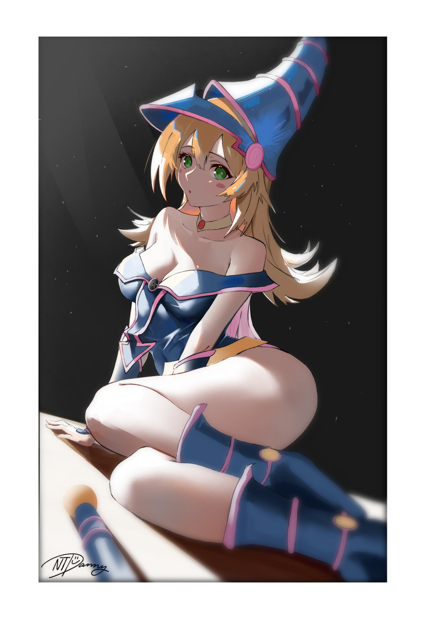 1girl, :o, absurdres, arm_support, bare_shoulders, blonde_hair, blue_boots, blue_dress