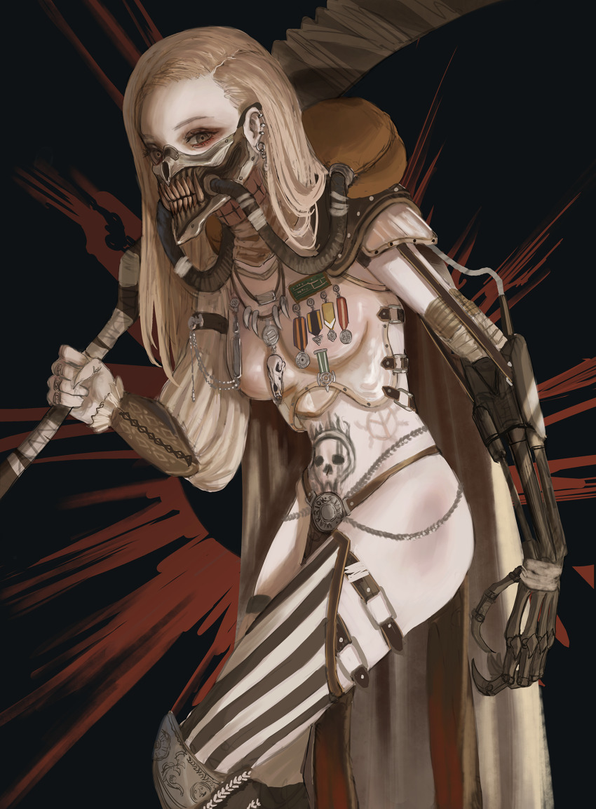 1girl, armor, asymmetrical_clothes, blonde_hair, breasts, cleavage, ear_piercing, genderswap