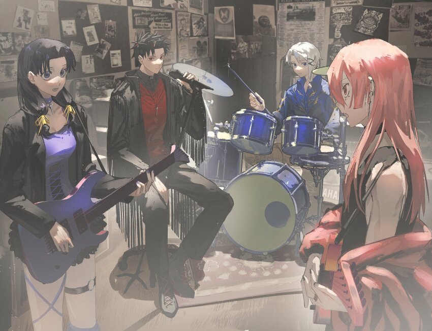 1girl, 3boys, alternate_universe, asymmetrical_hair, band_(music), black_hair, blue_eyes, choker