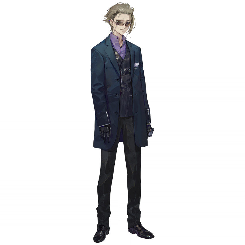 1boy, black_gloves, black_pants, black_shoes, black_vest, blonde_hair, breast_pocket, brown_eyes, collared_shirt, eyewear_strap, full_body, girls'_frontline, gloves, green_jacket, hair_slicked_back, handkerchief, high_collar, highres, holding, jacket, looking_at_viewer, male_focus, official_art, pants, pocket, pocket_square, purple_shirt, shirt, shoes, simple_background, smile, solo, spoilers, striped_clothes, striped_vest, sunglasses, tachi-e, third-party_source, transparent_background, vertical-striped_clothes, vertical-striped_vest, vest, william_(reverse_collapse)