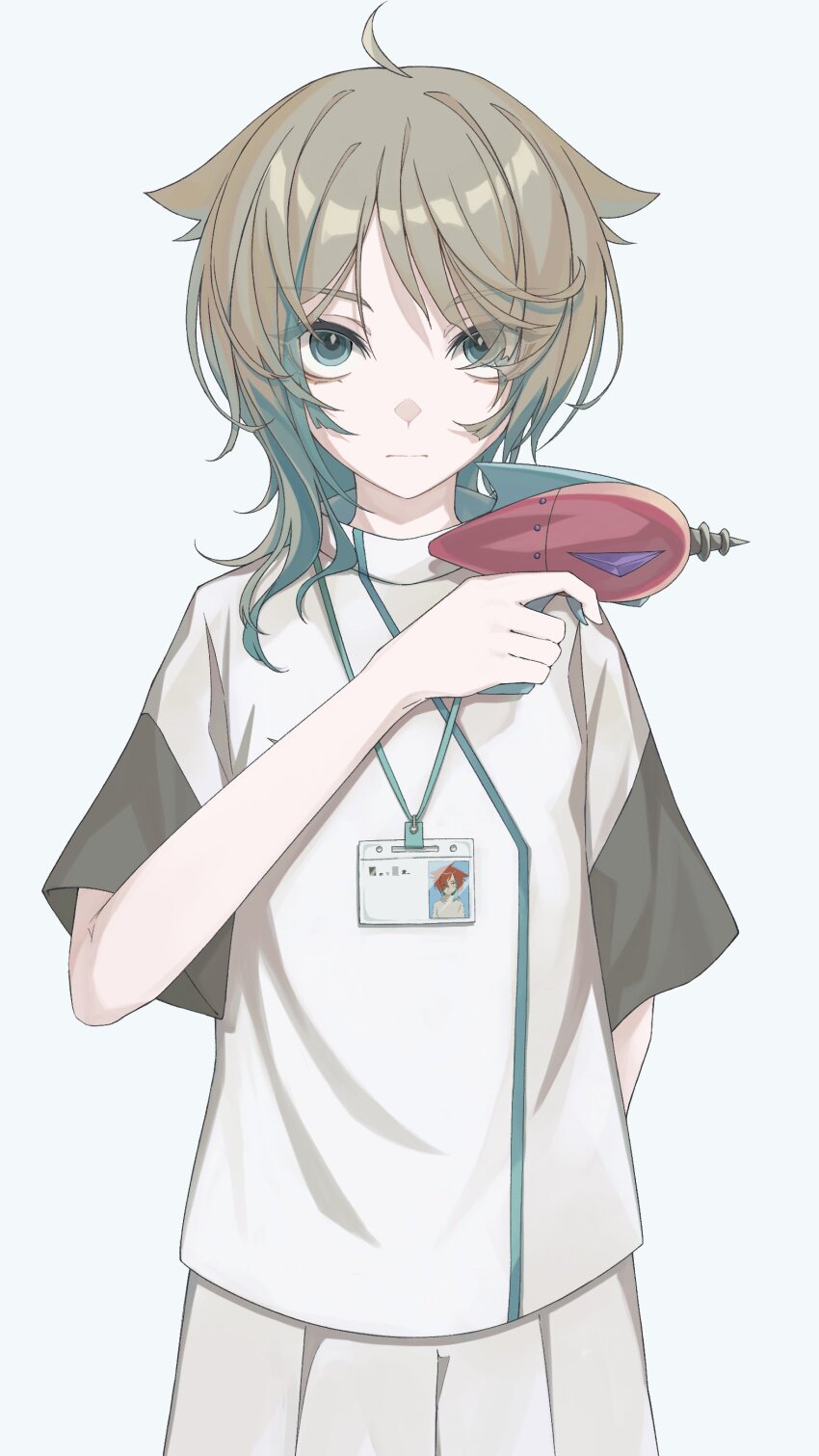 1girl, absurdres, ahoge, aqua_eyes, aqua_hair, aqua_trim, closed_mouth, eyes_visible_through_hair, facing_viewer, fuhou_shinnyuu_(zutomayo), grey_hair, gun, hair_between_eyes, highres, holding, holding_gun, holding_weapon, multicolored_hair, rani_(zutomayo), shirt, shorts, simple_background, spica_enikki, streaked_hair, two-tone_hair, weapon, white_shirt, white_shorts, zutto_mayonaka_de_ii_no_ni