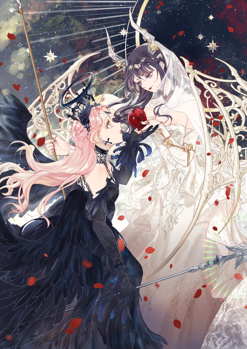 2girls, a_gloomy_start_(shining_nikki), absurdres, angel_and_devil, angel_wings, apple, black_collar, black_dress, black_gloves, black_hair, black_halo, black_wings, black_wrist_cuffs, breasts, bridal_gauntlets, brown_eyes, cleavage, closed_mouth, collar, confeitoo, cross, cross_earrings, crystal_horns, demon_wings, detached_collar, dress, dustless_feathers_(shining_nikki), earrings, elbow_gloves, eye_contact, fake_horns, feathered_wings, floating_hair, flower, food, fruit, full_body, gloves, gown, halo, high_collar, highres, holding, holding_food, holding_fruit, holding_staff, horn_flower, horns, jewelry, lace_collar, light_rays, lilith_(shining_nikki), lipstick, long_hair, looking_at_another, makeup, multiple_girls, nail_polish, nikki_(nikki), nikki_(series), open_mouth, petals, pink_hair, red_lips, red_nails, rose, rose_petals, see-through_clothes, see-through_veil, sharing_food, shining_nikki, smile, space, staff, star_(symbol), strapless, strapless_dress, traditional_halo, veil, wavy_hair, white_bridal_gauntlets, white_dress, white_horns, white_veil, white_wings, wings, wrist_cuffs, yellow_flower, yellow_rose, yuri