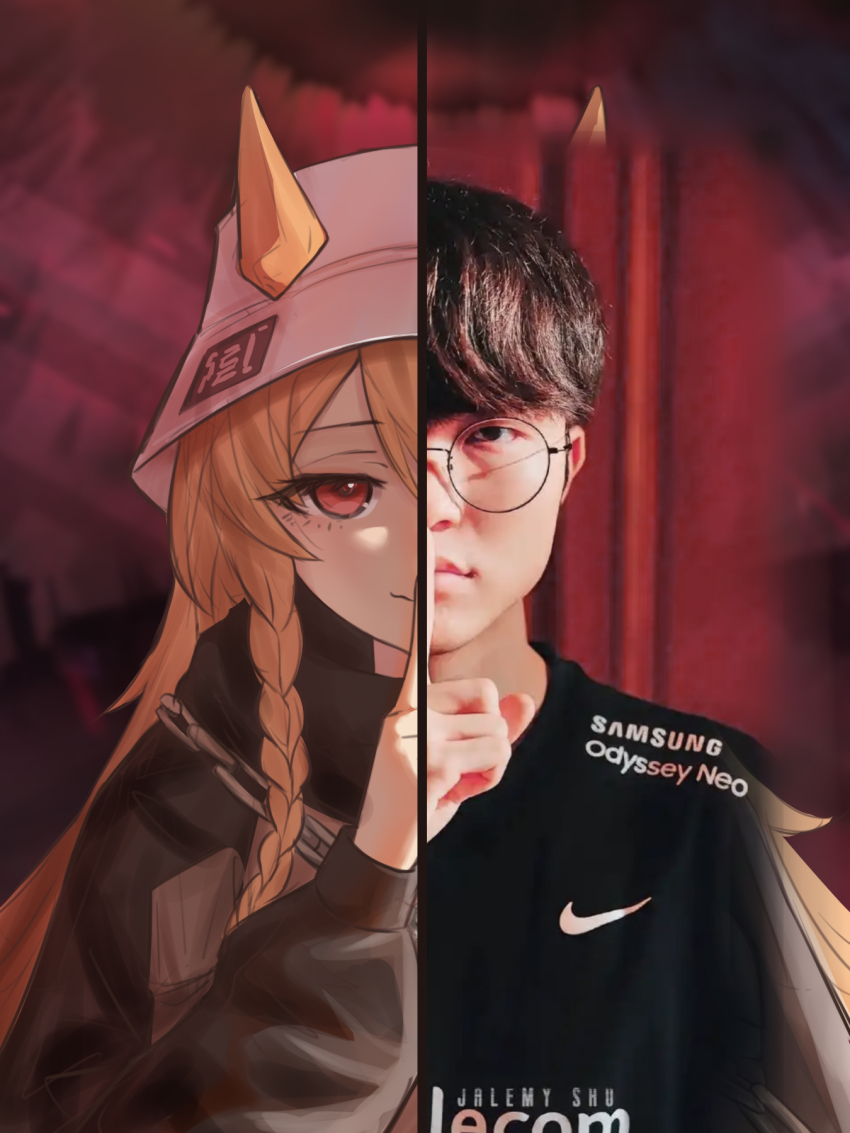 1boy, 1girl, animal_ears, arknights, black_hair, black_jacket, black_shirt, blonde_hair