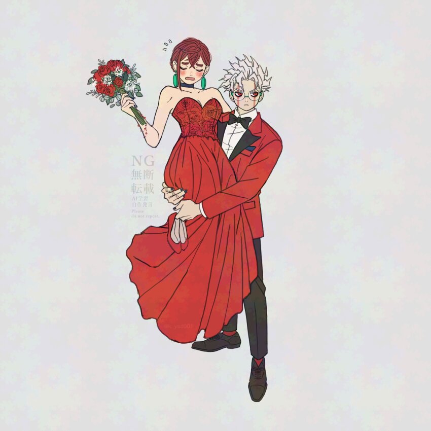 1boy, 1girl, alternate_costume, ayase_momo, bare_arms, bare_shoulders, black_bow, black_bowtie