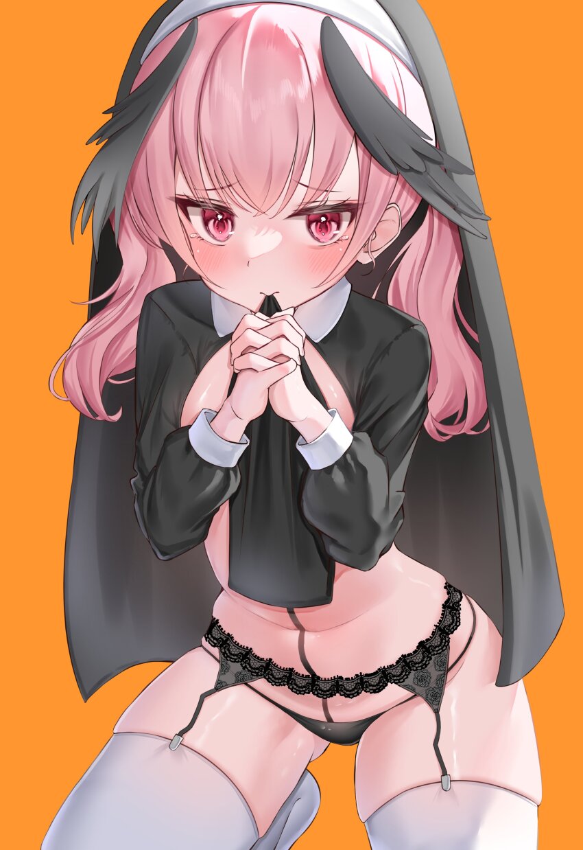 1girl, absurdres, alternate_costume, backlighting, black_panties, black_wings, blue_archive, blue_shirt, blush, closed_mouth, commentary, eyelashes, feathered_wings, floral_print, furrowed_brow, garter_belt, garter_straps, gluteal_fold, highres, interlocked_fingers, kneeling, knees_out_of_frame, koharu_(blue_archive), loli, long_hair, long_sleeves, looking_at_viewer, mouth_hold, navel, no_shoes, nun, orange_background, own_hands_together, panties, pink_hair, print_garter_belt, red_eyes, reverse_outfit, rose_print, shirt, simple_background, skindentation, solo, tears, thighhighs, thighs, twintails, underwear, wfa5051, white_thighhighs, wings