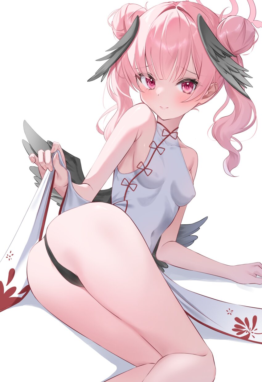 1girl, absurdres, alternate_costume, alternate_hairstyle, arm_support, armpit_crease, ass, bare_shoulders, black_panties, black_wings, blue_archive, blunt_bangs, blush, breasts, cameltoe, china_dress, chinese_clothes, closed_mouth, clothes_lift, collarbone, commentary, covered_erect_nipples, covered_navel, double_bun, dress, dress_lift, eyelashes, feathered_wings, feet_out_of_frame, from_behind, furrowed_brow, hair_bun, hair_intakes, halo, hand_up, head_wings, highres, koharu_(blue_archive), lifting_own_clothes, loli, long_hair, looking_at_viewer, low_wings, lying, missing_headwear, on_side, panties, pelvic_curtain, pink_halo, red_eyes, sidelighting, simple_background, small_breasts, solo, split_mouth, strapless, strapless_dress, thighs, twintails, underwear, wfa5051, white_background, white_dress, wings